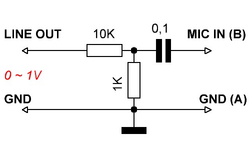 Схема согласования для подключения линейного выхода к входу электретного микрофона видеокамеры